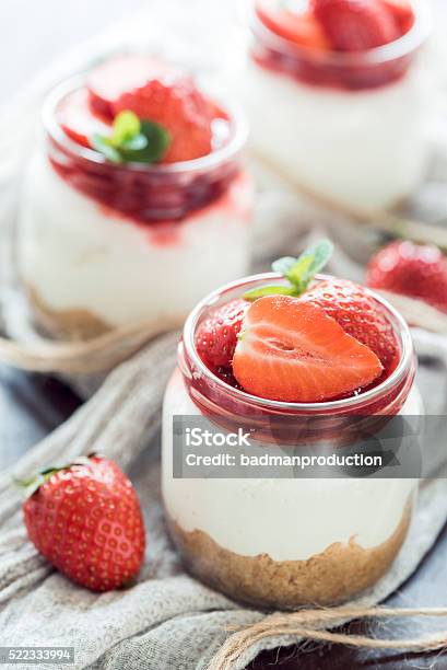 Strawberries Cheesecake In Jar Stock Photo - Download Image Now - Cheesecake, Jar, Berry Fruit
