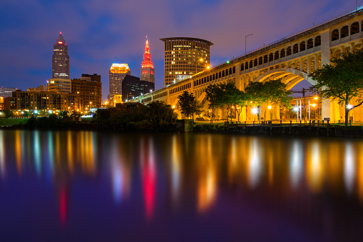Cityscape of Cleveland reflecting in the Cuyahoga River, Ohio, USA.