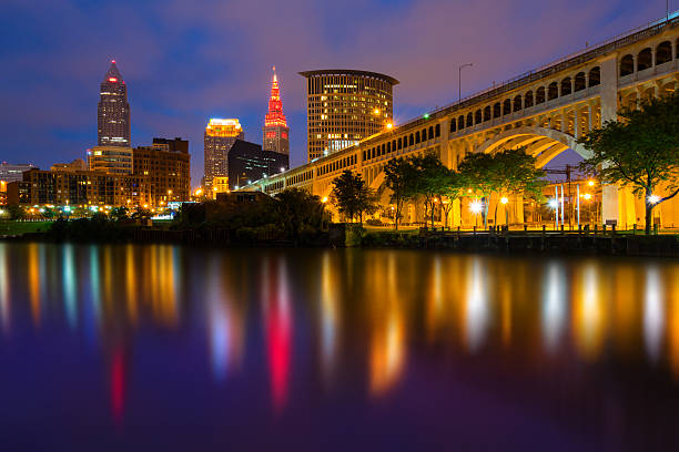 Cleveland, Ohio Cityscape of Cleveland reflecting in the Cuyahoga River, Ohio, USA. cleveland ohio photos stock pictures, royalty-free photos & images