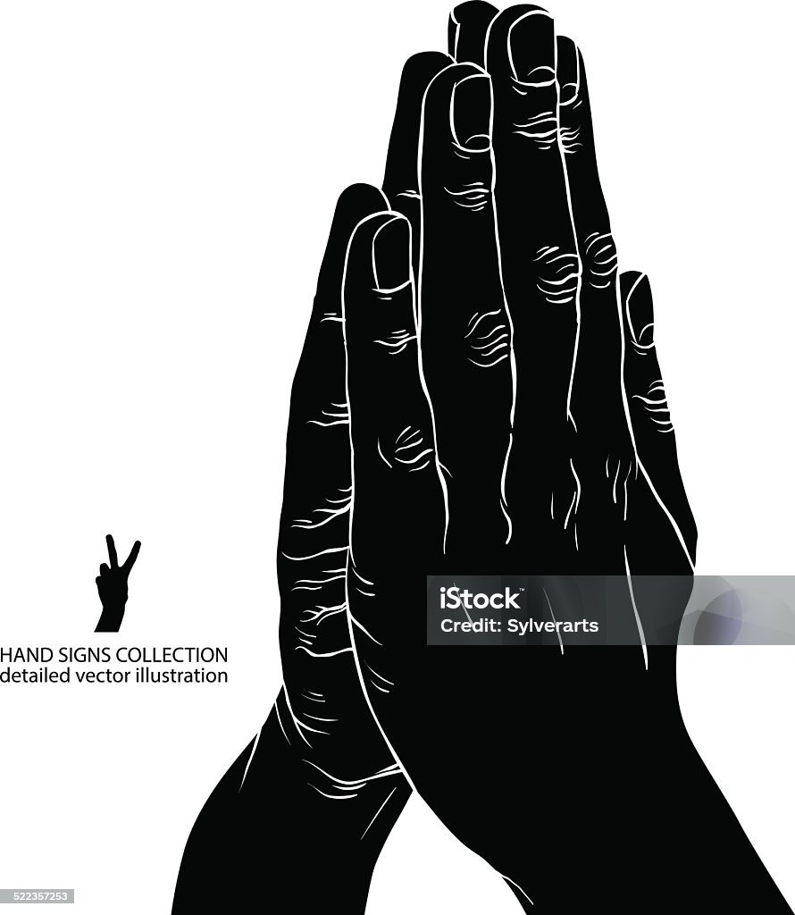 Praying hands, detailed black and white vector illustration. Praying stock vector