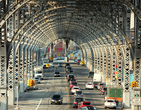 traffic under Riverside Drive Viaduct, Harlem, Upper Manhattan, New York City, elevated view