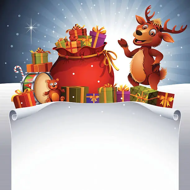 Vector illustration of reindeer with Santa's Bag