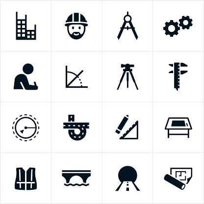 Icons related to the engineering industry. Icons include Engineering, engineer, construction and architecture. The set includes an engineer, building, compass, gears, cogs, blue print and common engineering tools and equipment.