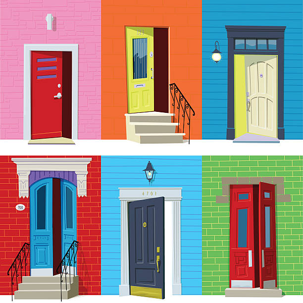 ilustrações de stock, clip art, desenhos animados e ícones de abrir as portas da frente - open front door