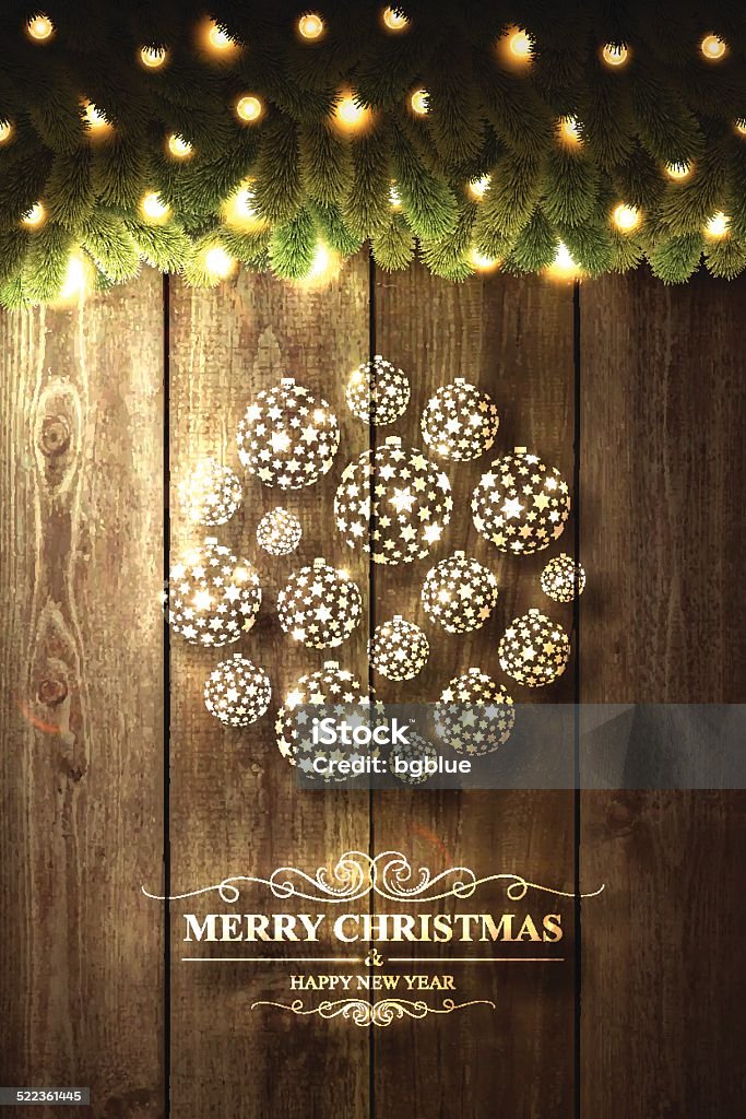 Christmas bauble on Wooden Background with bright Christmas garland Greeting card with "Merry Christmas and Happy New Year" lettering. Abstract stock vector