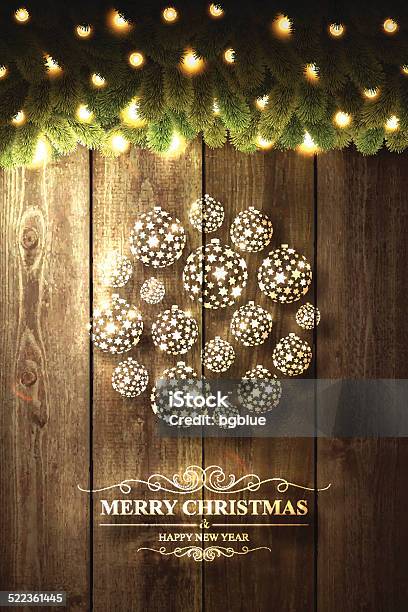 Christmas Bauble On Wooden Background With Bright Christmas Garland Stock Illustration - Download Image Now