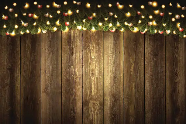 Vector illustration of Blank Wooden Background with bright Christmas garland