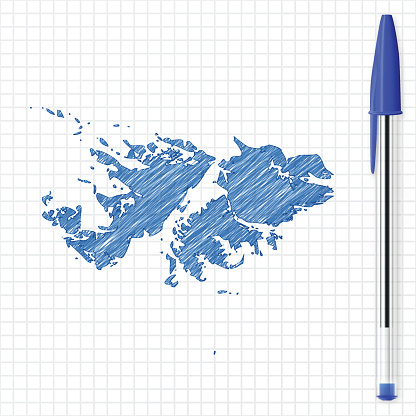 Falkland Islands map sketch on grid paper, blue pen