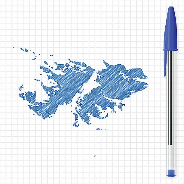 Vector illustration of Falkland Islands map sketch on grid paper, blue pen