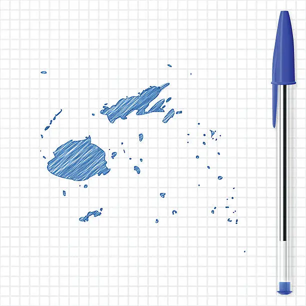 Vector illustration of Fiji map sketch on grid paper, blue pen