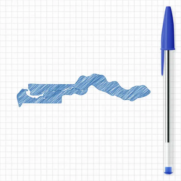 Vector illustration of Gambia map sketch on grid paper, blue pen