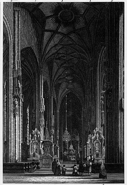 s св. стефана в вене, италия гравировкой - altar church vienna gothic style stock illustrations