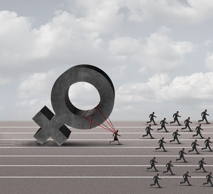 Sexism descrimination concept as a struggling woman with the burden of pulling a heavy female 3D illustration symbol falling behind a group of running businessmen or men as an unfair gender bias icon.