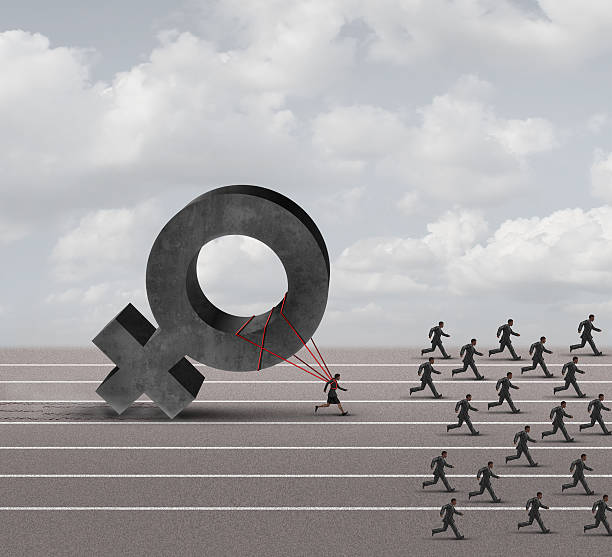 Sexism Discrimination Sexism descrimination concept as a struggling woman with the burden of pulling a heavy female 3D illustration symbol falling behind a group of running businessmen or men as an unfair gender bias icon. gender symbol stock pictures, royalty-free photos & images