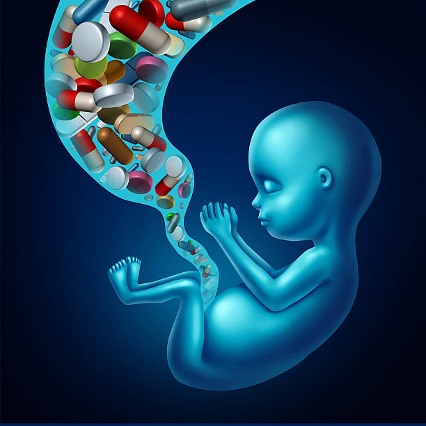 Medicine And Pregnancy Medicine and pregnancy medical concept as medication with pills and prescription drugs flowing in through the umbilical card of a fetus as a metaphor for pregnant woman risk to the unborn as a 3D illustration. medicate stock pictures, royalty-free photos & images