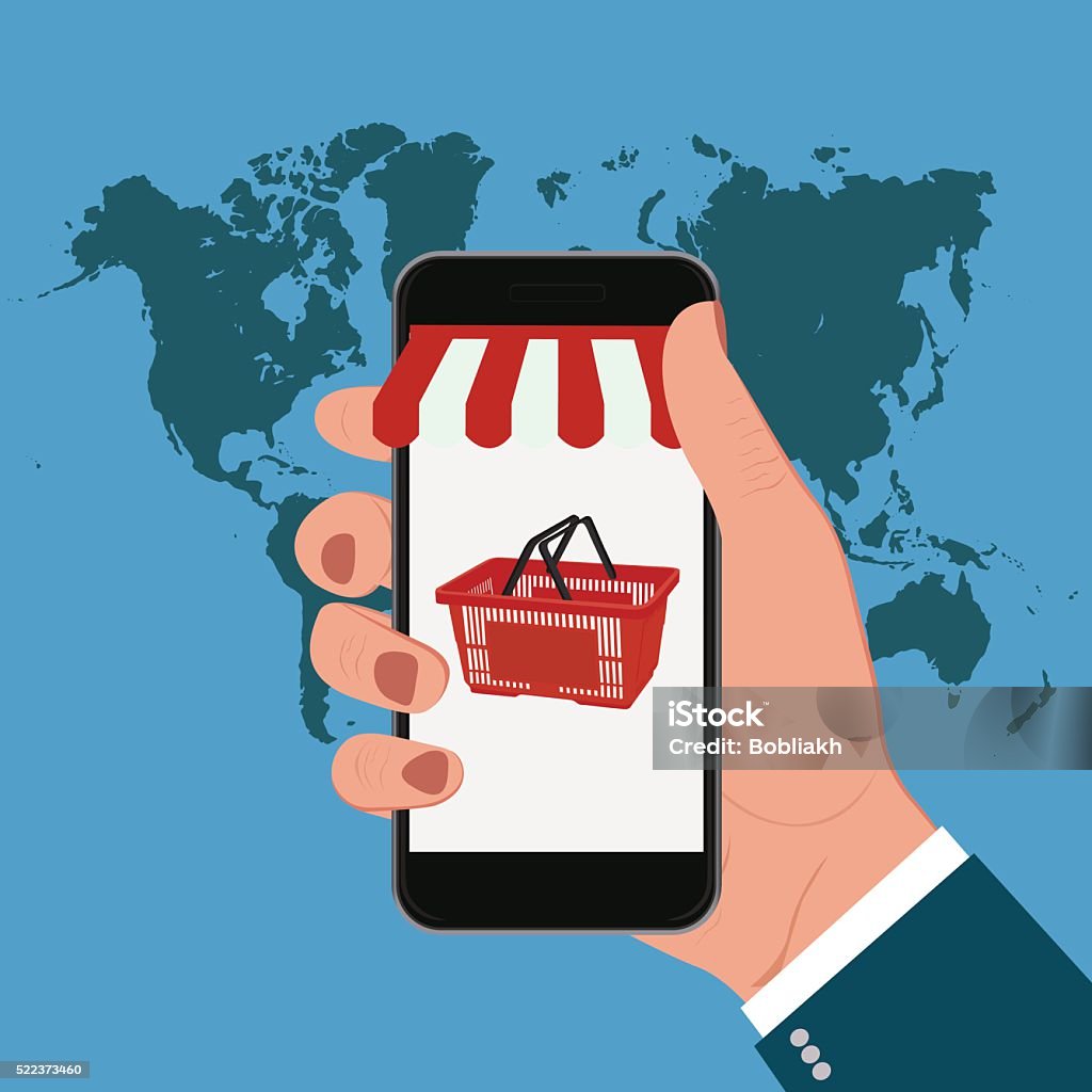 Online shopping with mobile phone, vector illustration Basket stock vector