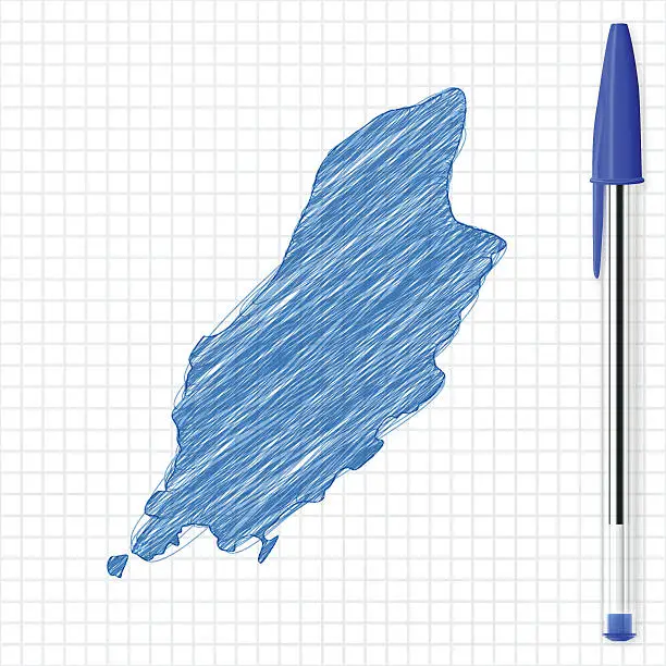 Vector illustration of Isle of Man map sketch on grid paper, blue pen