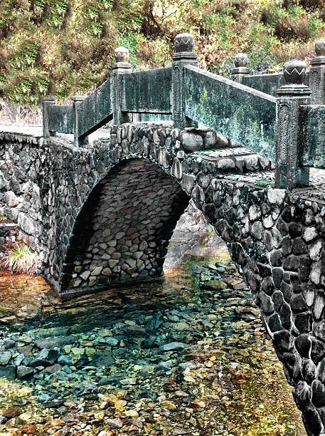 Fu yang, Zhejiang, China- November 17, 2012:  This image captures an old style traditional Chinese Arched bridge. This bridge is built along the mountain trail over a crystal clear stream. The mastery of the artisans that built this bridge is reflected in the attention to detail and stone paving and to the fact that it is still functional.