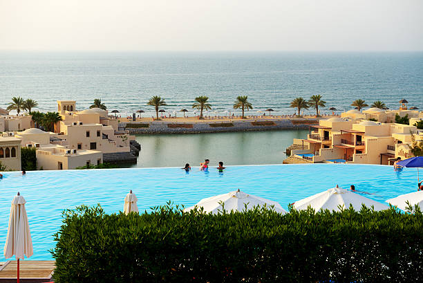 Tourist resort pool at night with table and chairs in Dubai UAE