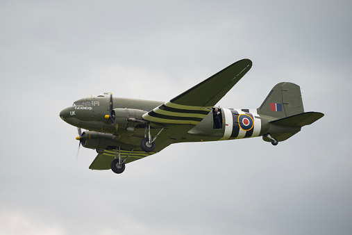 Cosford, UK - 8 June 2014: Veteran  Douglas DC3, displaying at the RAF Cosford Airshow.