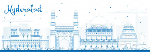 kontur skyline von hyderabad mit blauen sehenswürdigkeiten. - hyderabad stock-grafiken, -clipart, -cartoons und -symbole