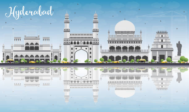 Hyderabad Skyline with Gray Landmarks, Blue Sky and Reflections. Hyderabad Skyline with Gray Landmarks, Blue Sky and Reflections. Vector Illustration. Business Travel and Tourism Concept with Historic Buildings. Image for Presentation Banner Placard and Web Site. business architecture blue people stock illustrations