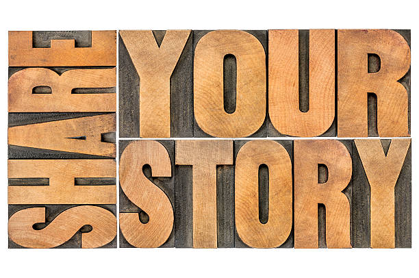 comparta su historia - letterpress special wood text fotografías e imágenes de stock