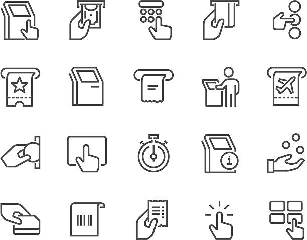 Line Kiosk Terminal Icons Simple Set of Kiosk Terminal Related Vector Line Icons.  inserting stock illustrations