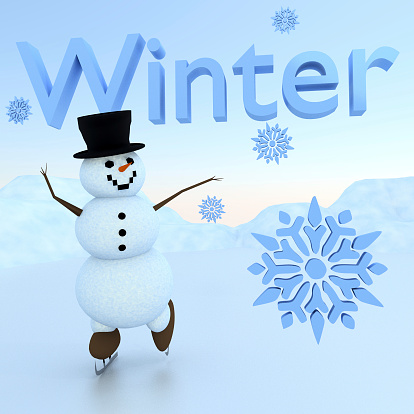An illustration related to the season Winter with an ice skating snowman within a winter scene and the text \
