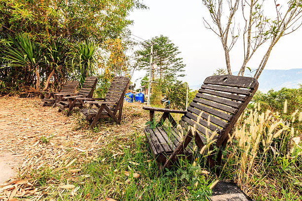istock Old wood chairs in forest garden 522381126