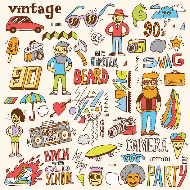 Vector illustration of Hipster retro swag colorful set. Hand drawn vector illustration.