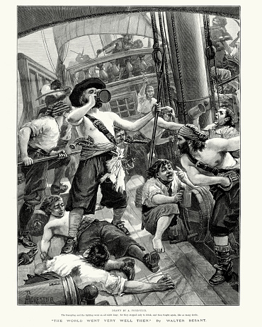 Pirates looting a ship they have captured. The trampling and the fighting went on all night long. For they stopped only to drink, and then fought again, like so many devils.