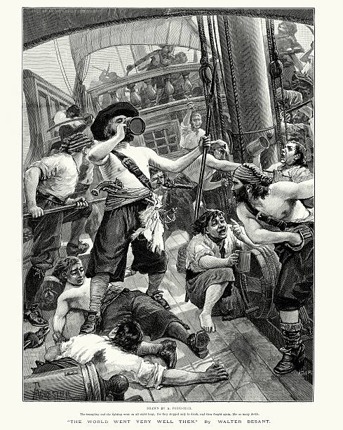 Pirates looting a ship they have captured Pirates looting a ship they have captured. The trampling and the fighting went on all night long. For they stopped only to drink, and then fought again, like so many devils. boat captain illustrations stock illustrations
