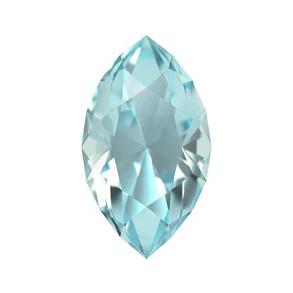 Realistic 3D render of a gemstone, aquamarine, marquise cut. Isolated on white background.