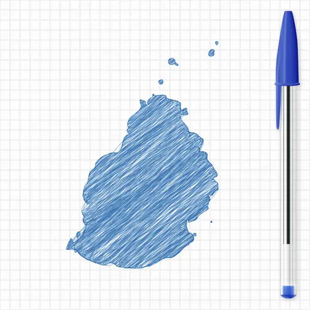 Vector illustration of Mauritius map sketch on grid paper, blue pen
