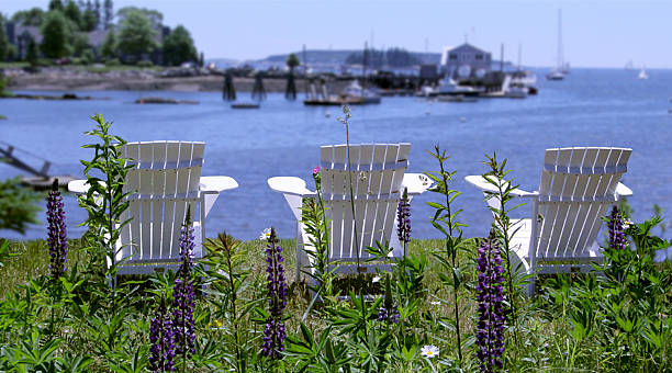 chaises adirondack vue sur le port - pemaquid maine photos et images de collection