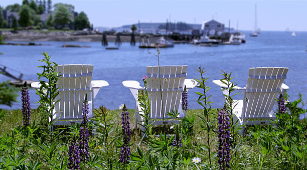 adirondack стульями с видом на гавань - pemaquid maine стоковые фото и изображения