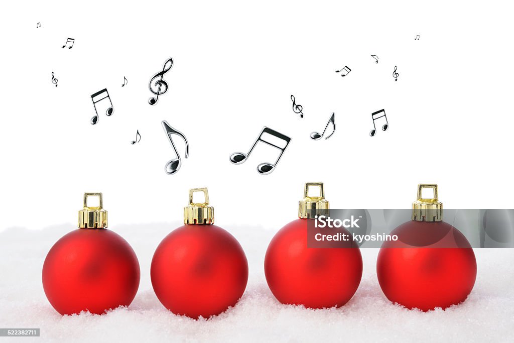 4 赤のクリスマスボ�ール、雪、音符 - 余白のロイヤリティフリーストックフォト