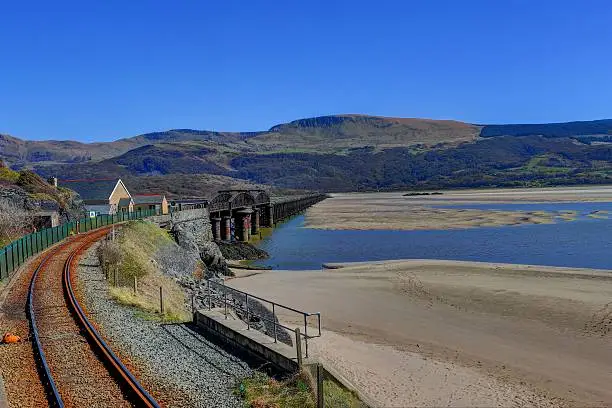 The railway bridge across the estuary in Barmouth in Wales.