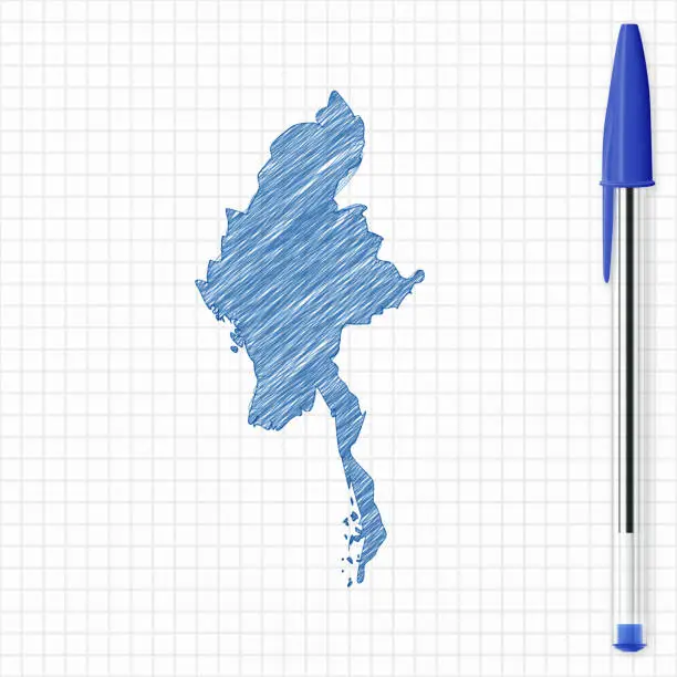 Vector illustration of Myanmar map sketch on grid paper, blue pen