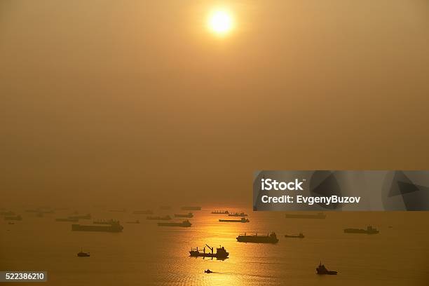 Early Morning Docking Traffic In Singapore Stock Photo - Download Image Now - Container Ship, Fog, Business