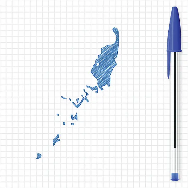 Vector illustration of Palau map sketch on grid paper, blue pen