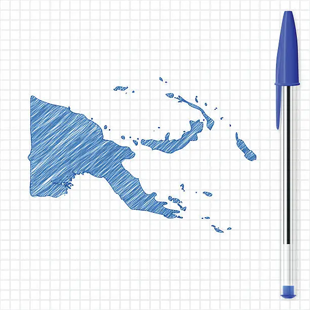 Vector illustration of Papua New Guinea map sketch on grid paper, blue pen