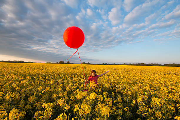 istock Happy child with balloon in canola field 522394654