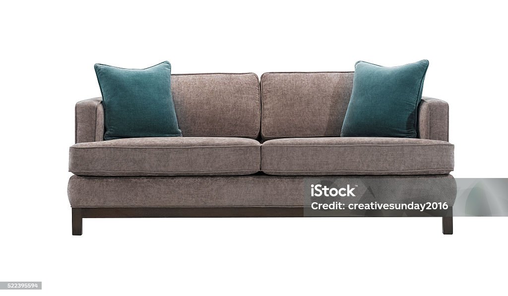 sofa Grey sofa and blue pillows isolated with clipping mask. Sofa Stock Photo
