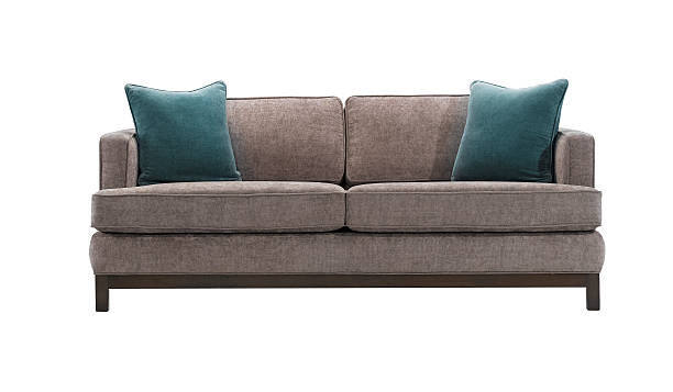 sofa Grey sofa and blue pillows isolated with clipping mask. sofa stock pictures, royalty-free photos & images