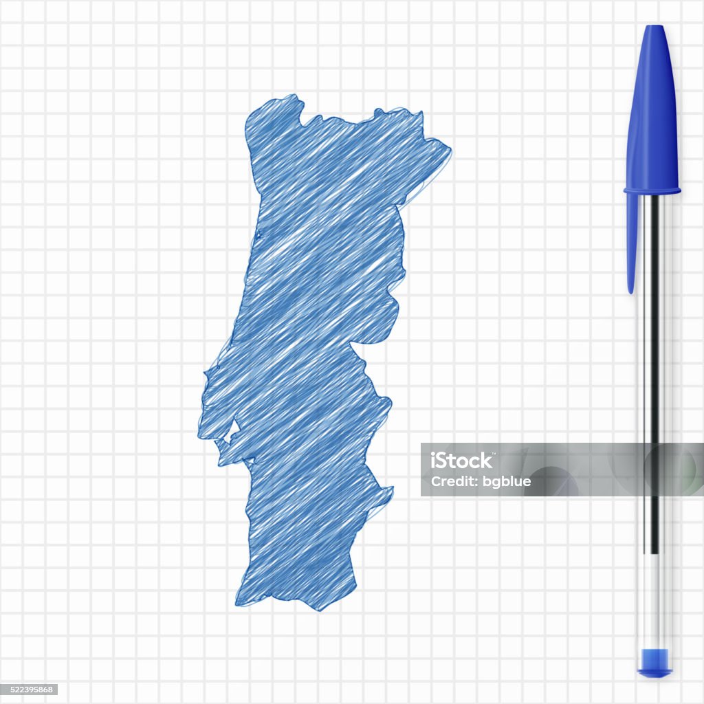 Portugal Mapa Desenho Em Papel Azul Da Caneta Grelha - Arte