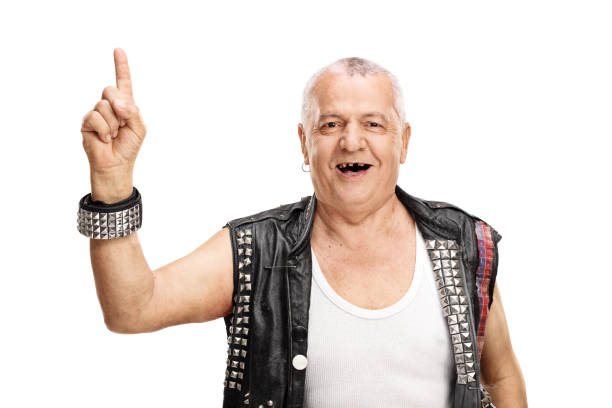 istock Mature punk rocker pointing up with finger 522396862