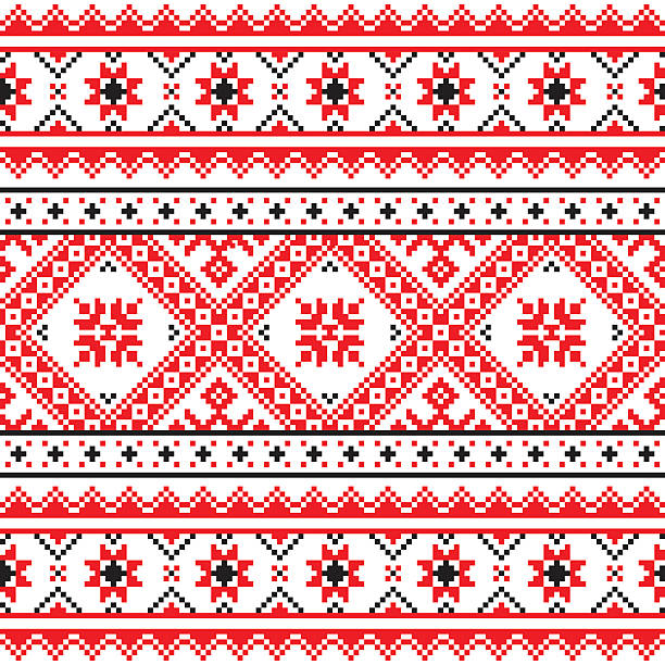Traditional folk knitted red embroidery pattern from Ukraine Ethnic seamless Ukrainian print in red an grey on white background ukrainian cross stitch patterns stock illustrations