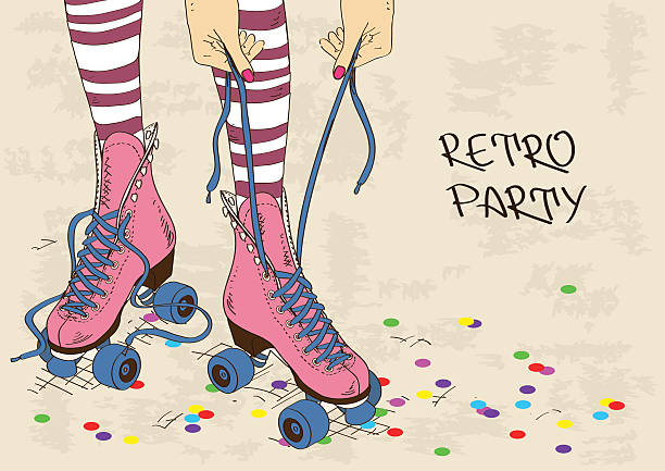 Illustration with female legs in retro roller skates Illustration with female legs in retro roller skates on a grunge background roller rink stock illustrations